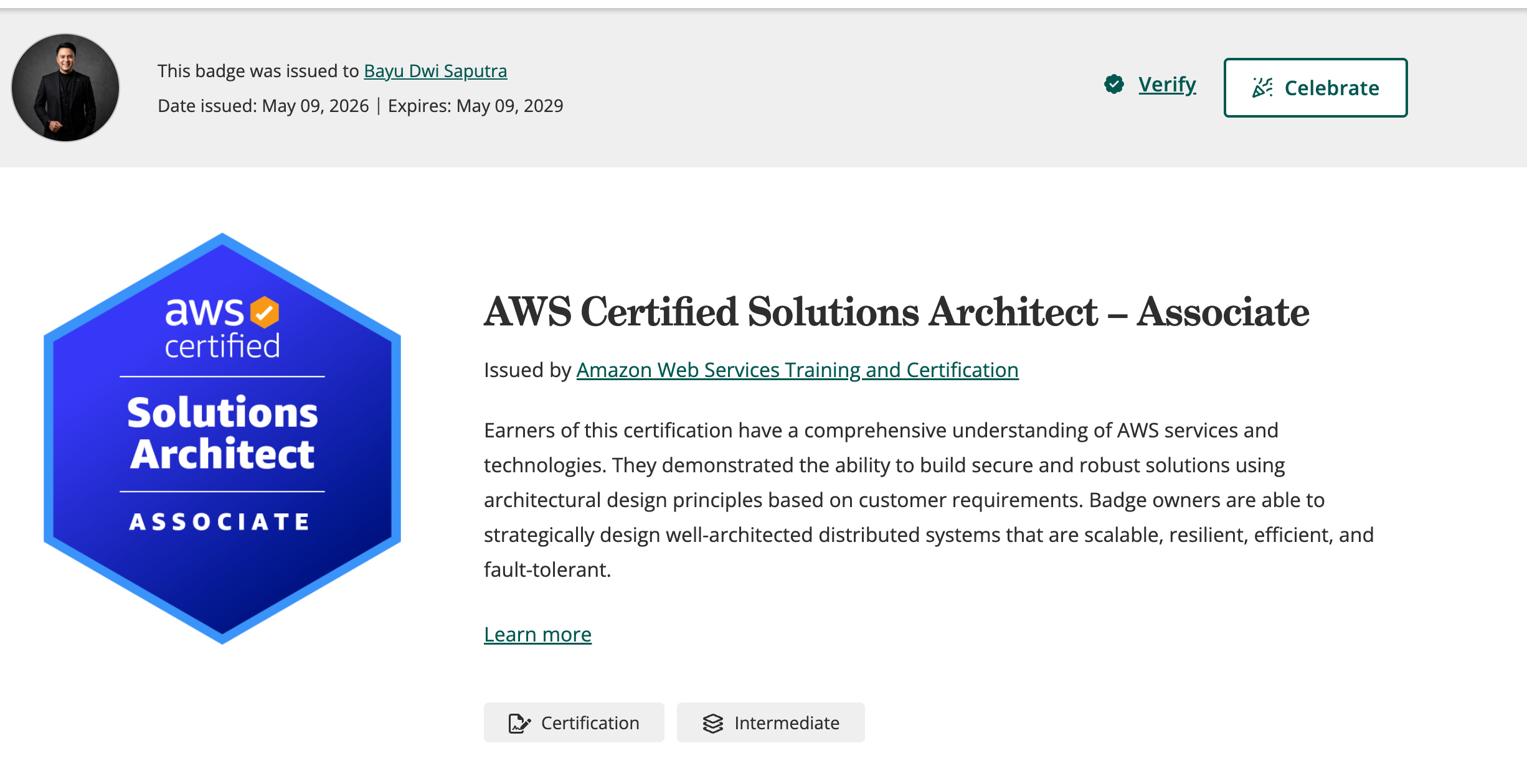 AWS Certified Solutions Architect Associate certificate